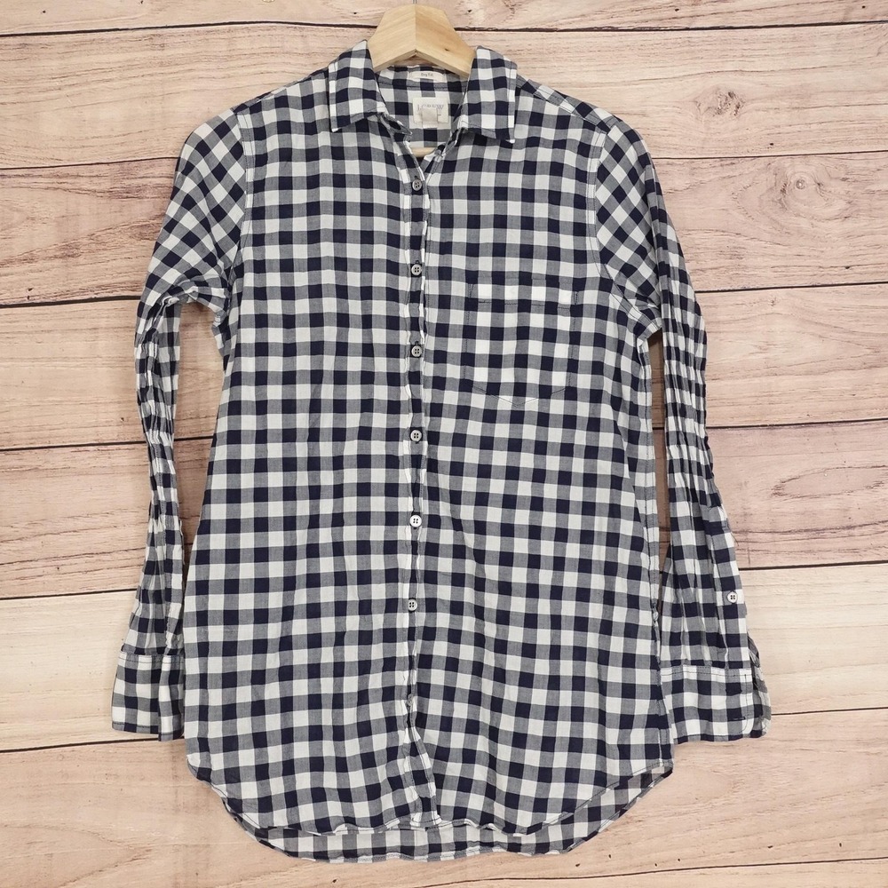 J.Crew Button-Up Womens XS Blue Check Boy Fit Long Sleeve Cotton Shirt Top